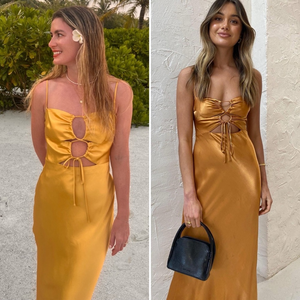 Shona Joy Alma Lace Up Midi Dress Gold Bias Cut Slip Size Small - Picture 10 of 15